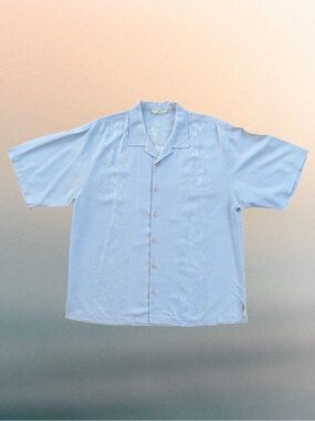 Tommy Bahama Pale Blue Silk Jacquard Hawaiian Button Front Shirt ~ Men’s XL